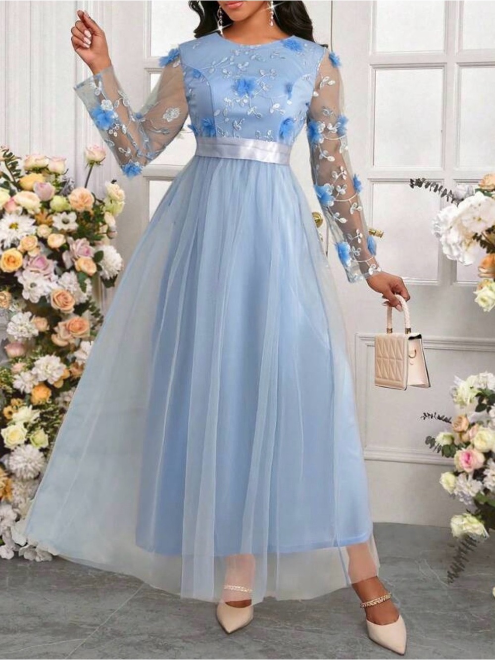 Elegant Light Blue Floral Embroidered Tulle Dress